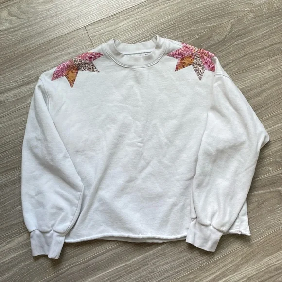 Xirena Estella Star-Appliquéd Quilt Cotton Cropped Sweatshirt Snowdrop Sz XS - Picture 4 of 13